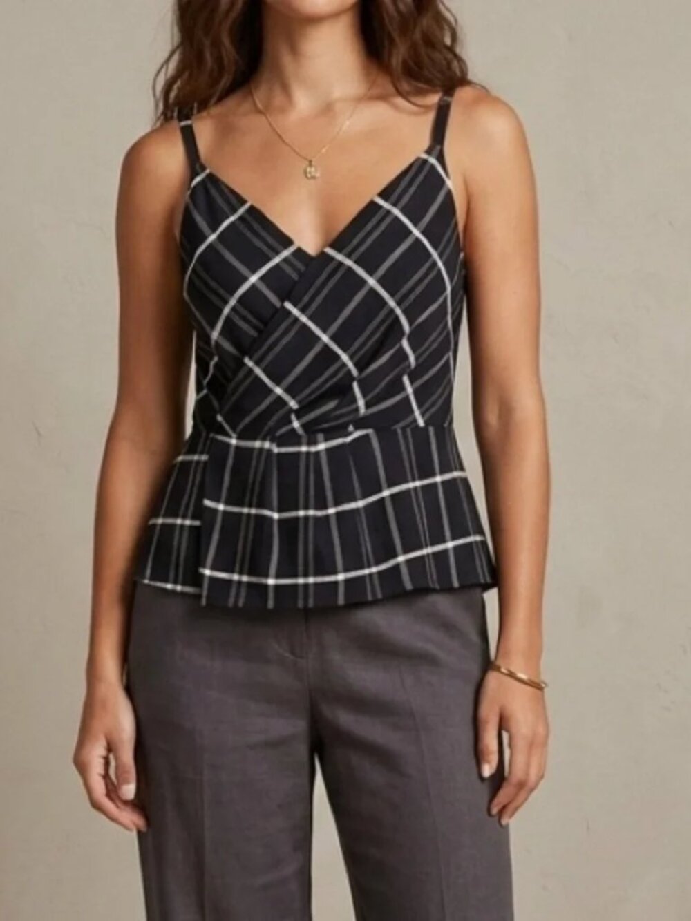 Cabi Black White Plaid Wrap Peplum Tank Top Sleeveless Blouse Size 8 NWT